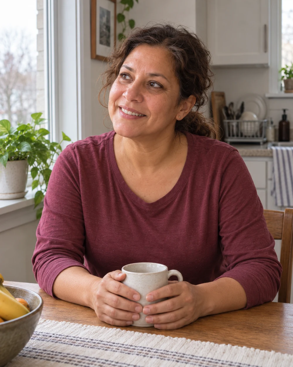 Illustrative photo: a smiling woman at home holding a mug.