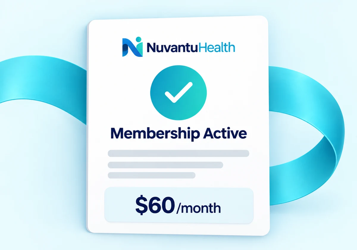 Illustration: a Nuvantu Health confirmation card reading Membership active, $60/month.