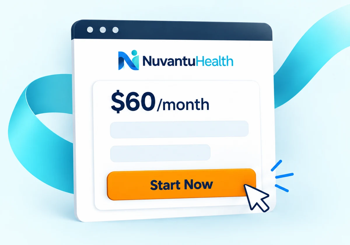 Illustration: the Nuvantu Health enrollment page showing $60/month and an orange Start Now button.