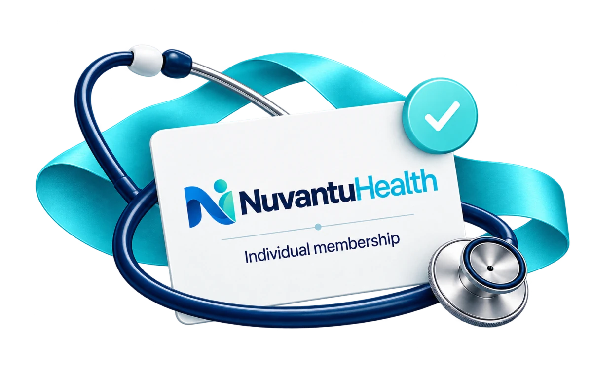 Illustration: a Nuvantu Health individual membership card with a stethoscope.