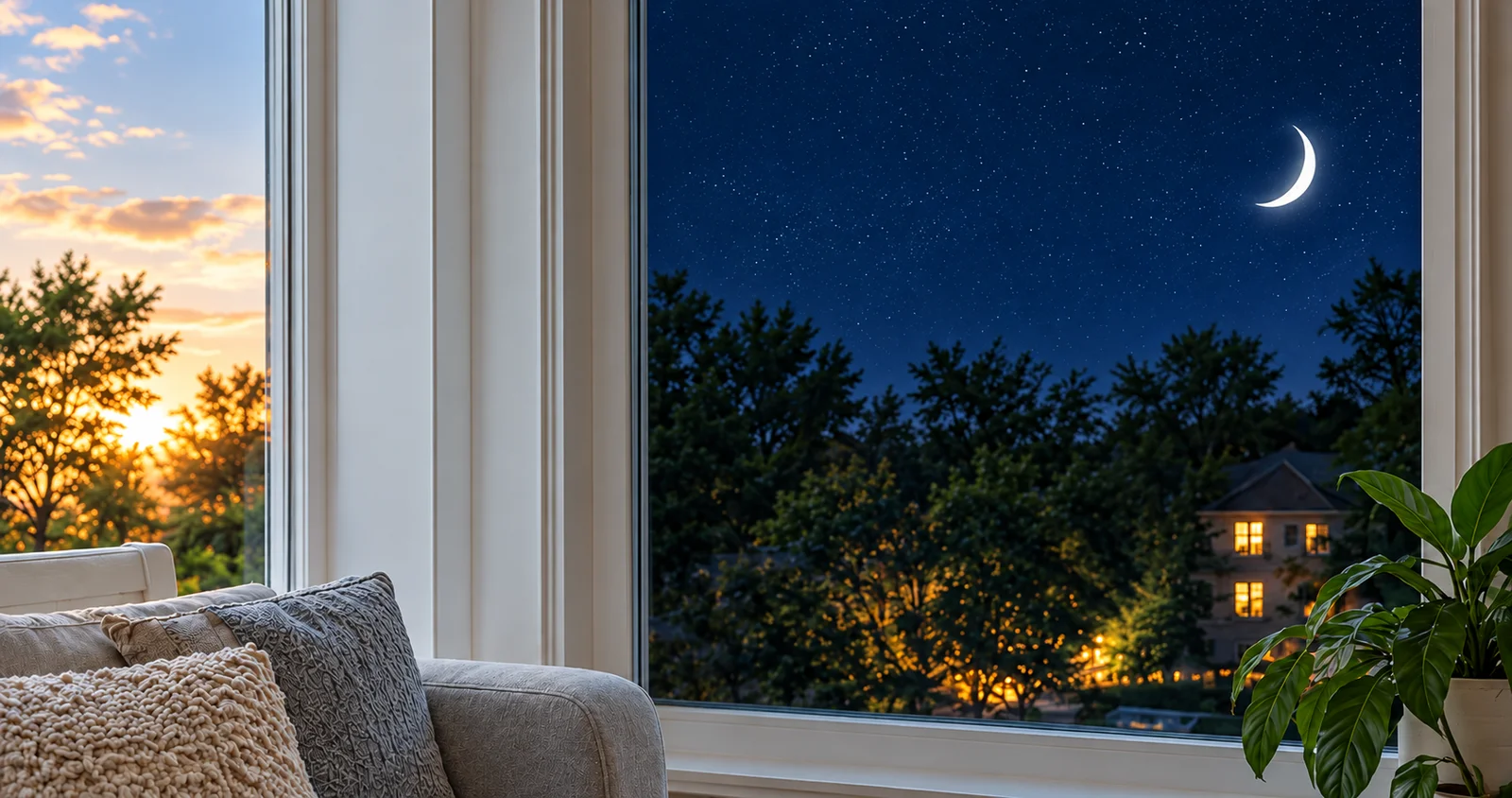 Illustrative photo: a window shifting from daytime to a starry night.